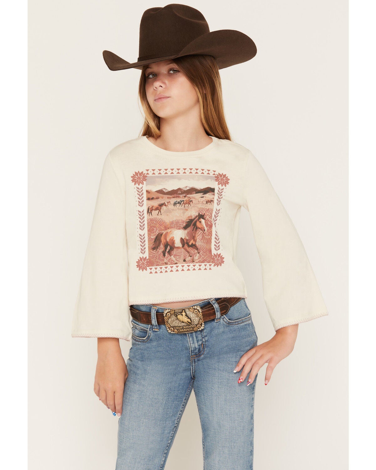 Shyanne Girls' Molly 3/4 Bell Sleeve Graphic Tee, Natural, hi-res