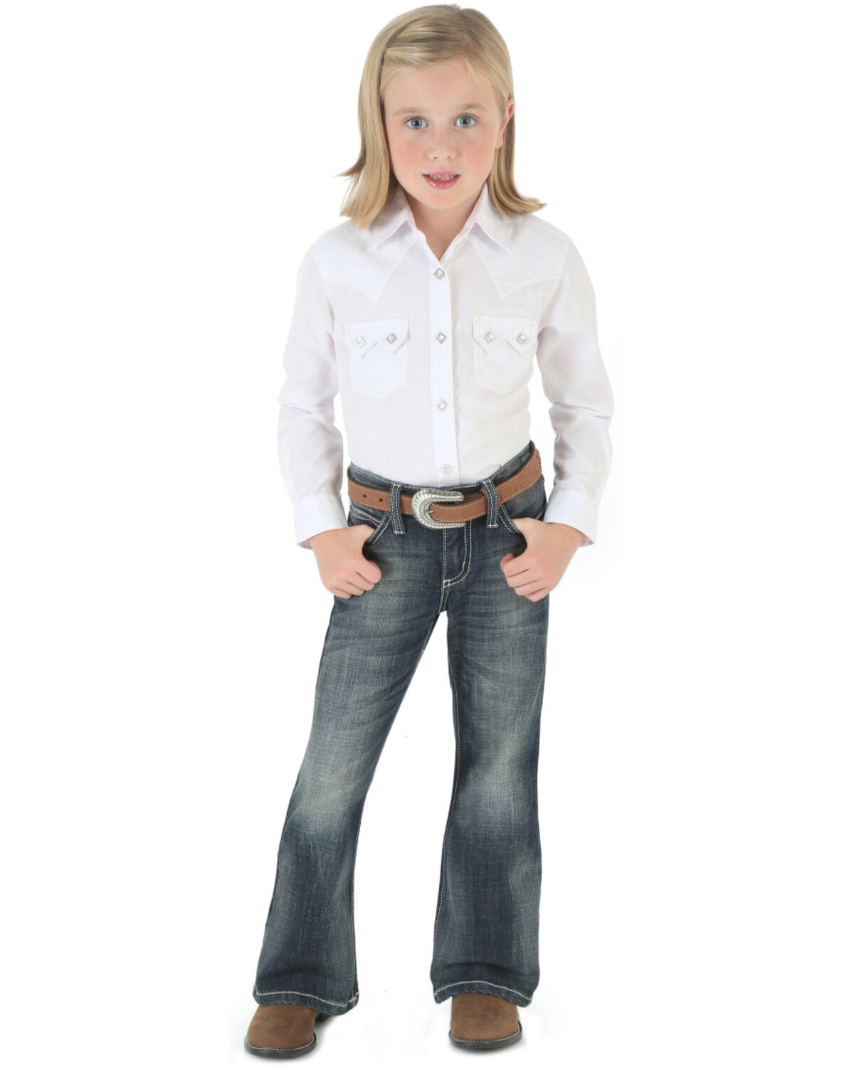 Image #2 - Wrangler Girls' Premium Patch Thick Stitch Bootcut Jeans, Denim, hi-res
