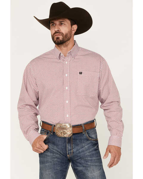 Cinch Men's Cross Geo Print Long Sleeve Button-Down Western Shirt , Red, hi-res