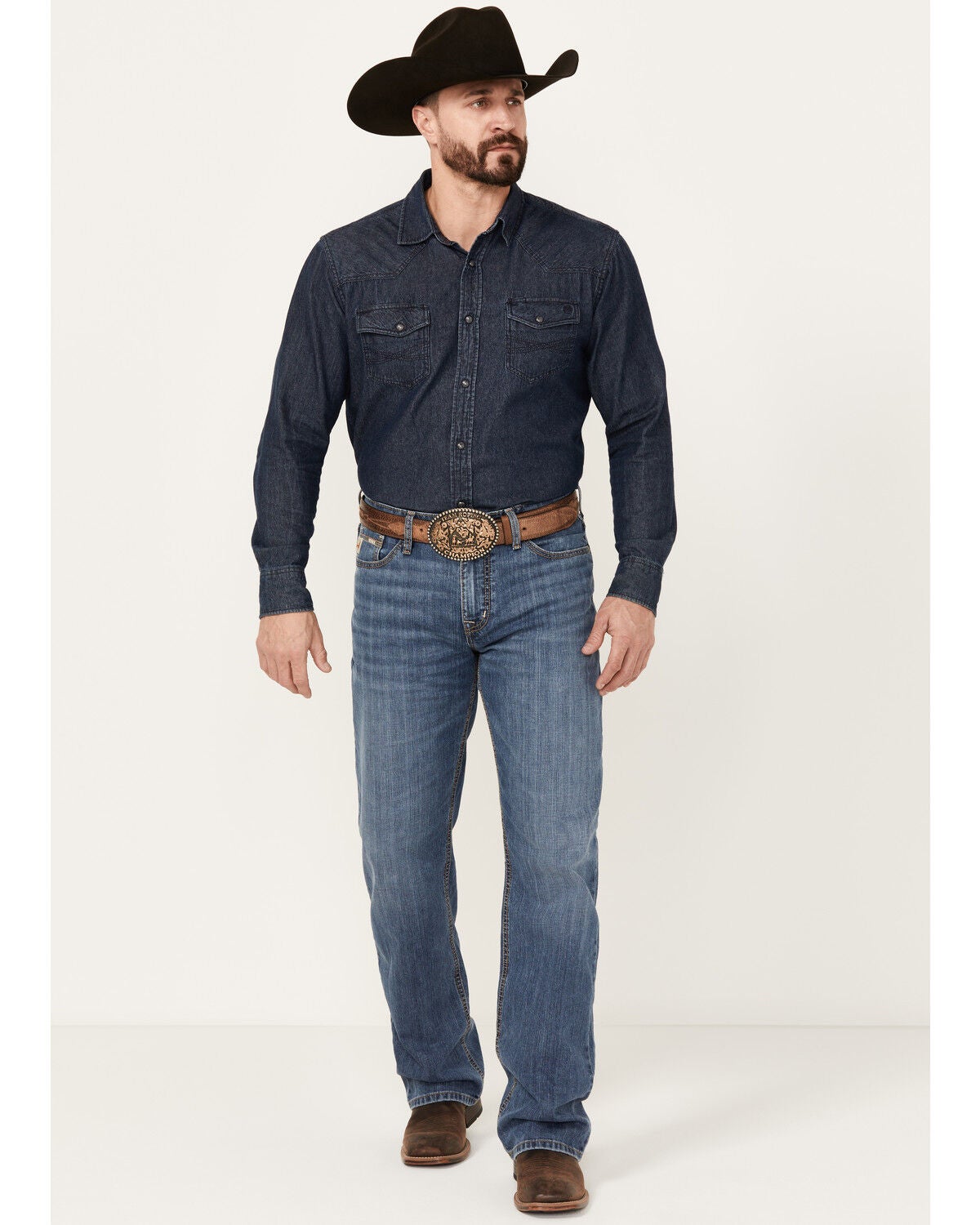 Cinch Men's Grant Medium Stonewash Relaxed Bootcut Performance Stretch Denim Jeans, Indigo, hi-res