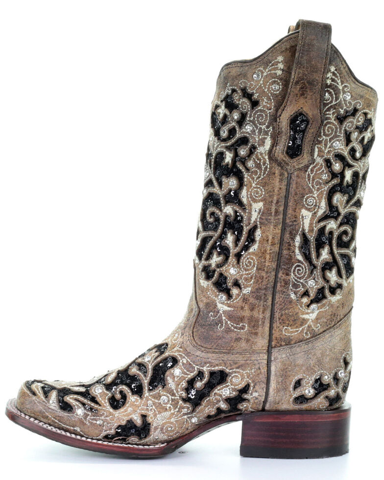 Corral Women's Black Sequin Inlay Western Boots - Square Toe, Brown, hi-res