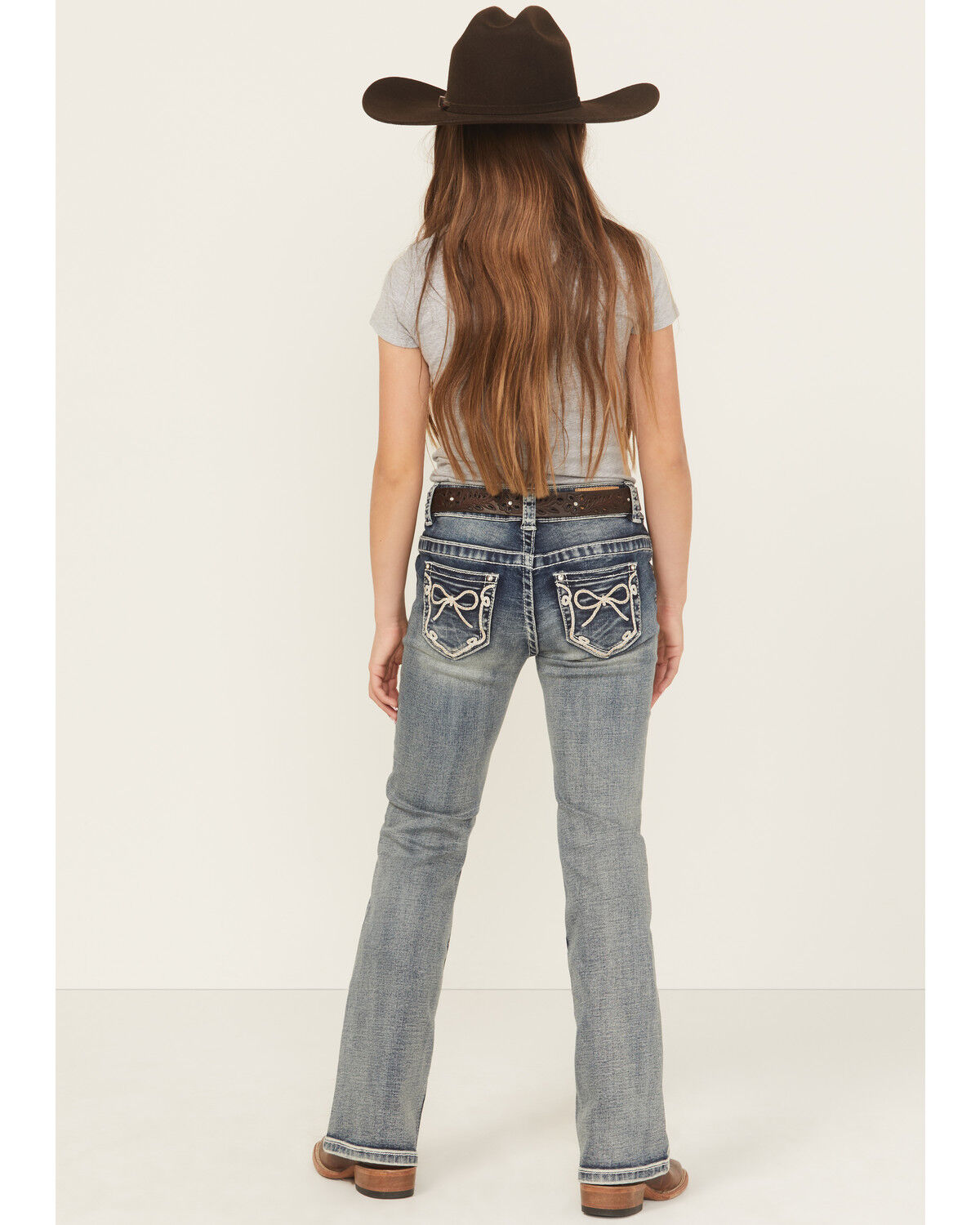 Image #1 - Shyanne Girls' Washed Bow Pocket Bootcut Stretch Denim Jeans, Dark Grey, hi-res