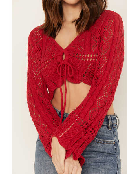 Image #3 - En Creme Women's Crochet Tie Front Long Sleeve Top, Red, hi-res