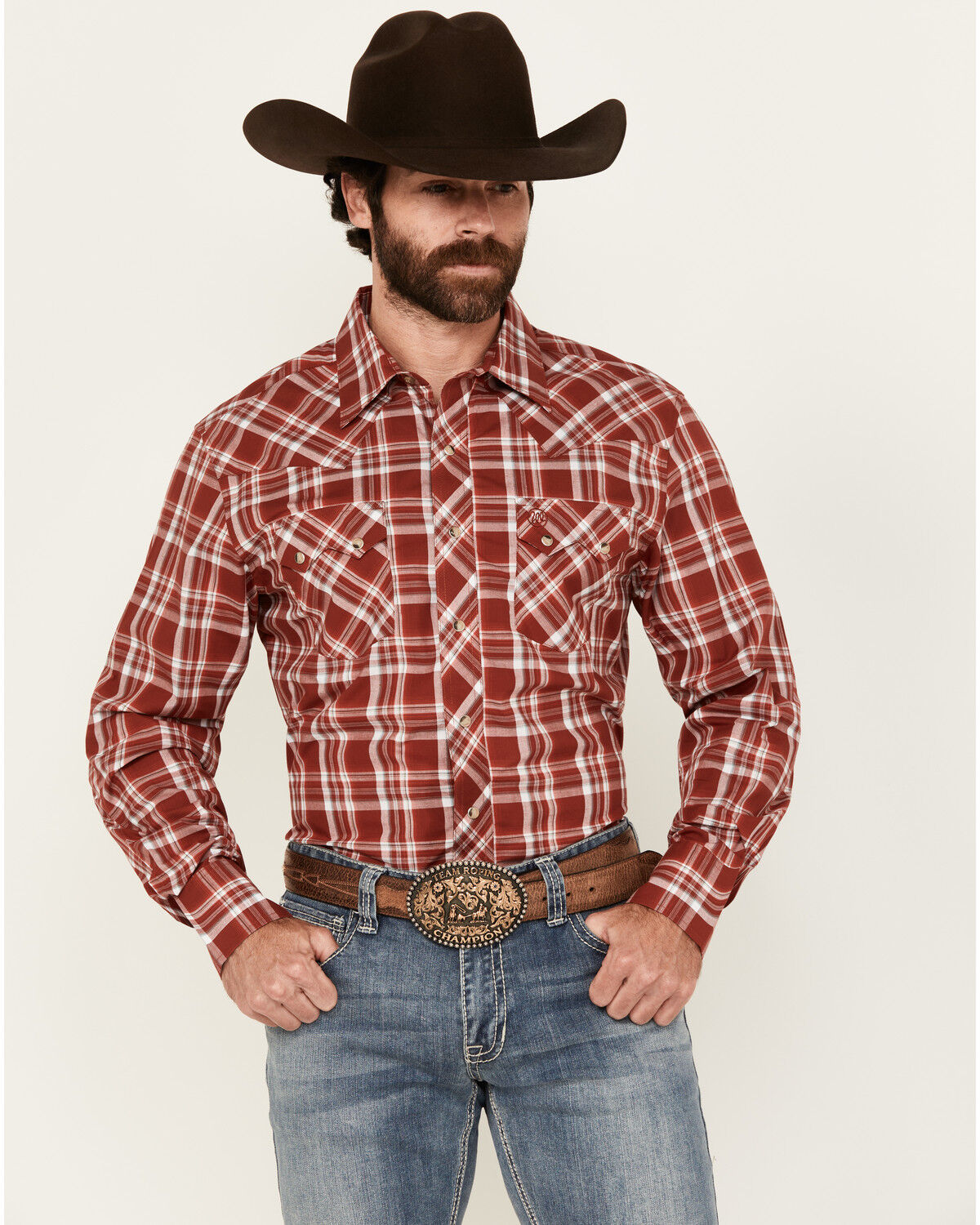 Image #1 - Wrangler Retro Men's Plaid Print Long Sleeve Snap Western Shirt - Tall, Red, hi-res