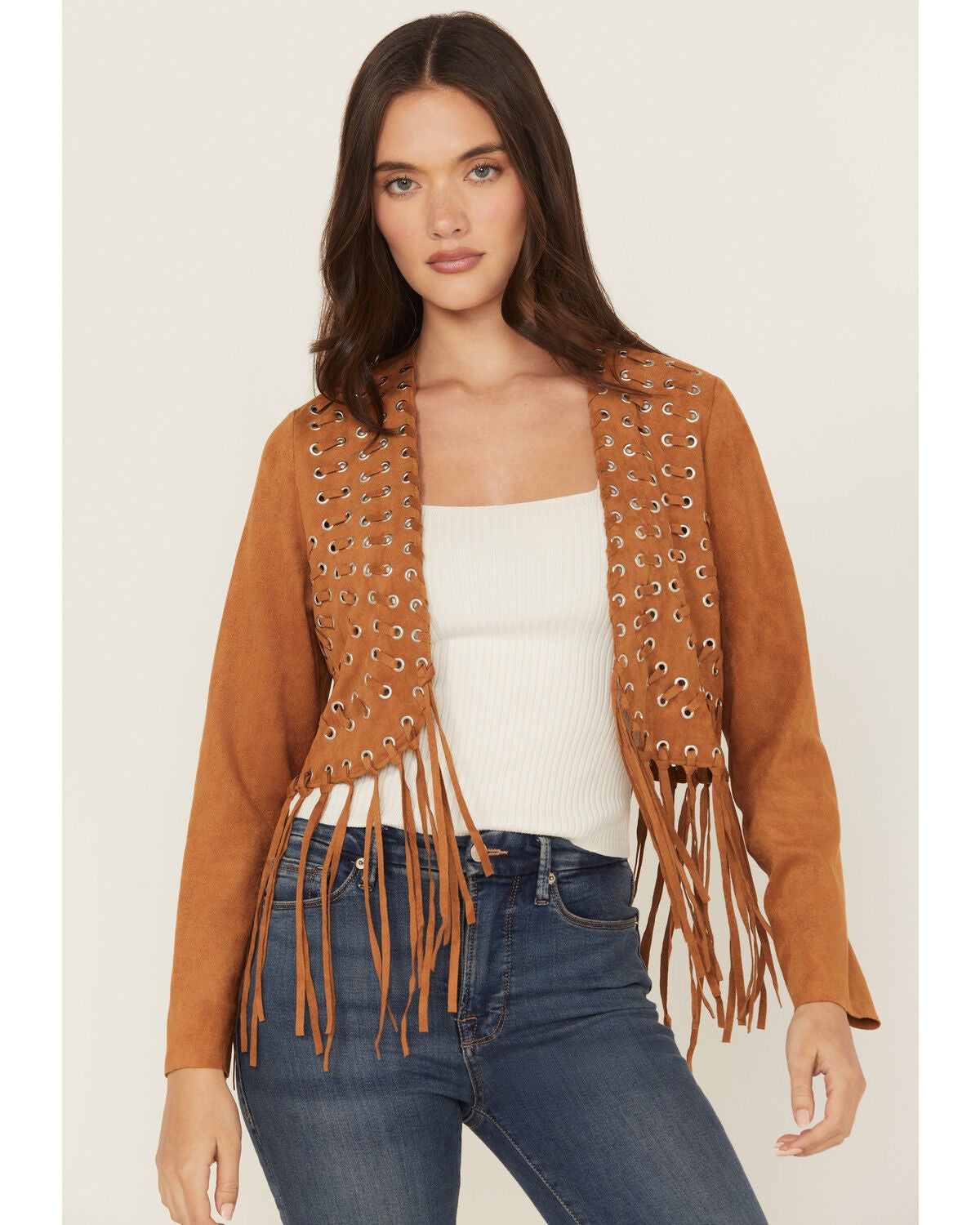 Vocal Women's Fringe Cropped Jacket, Camel, hi-res