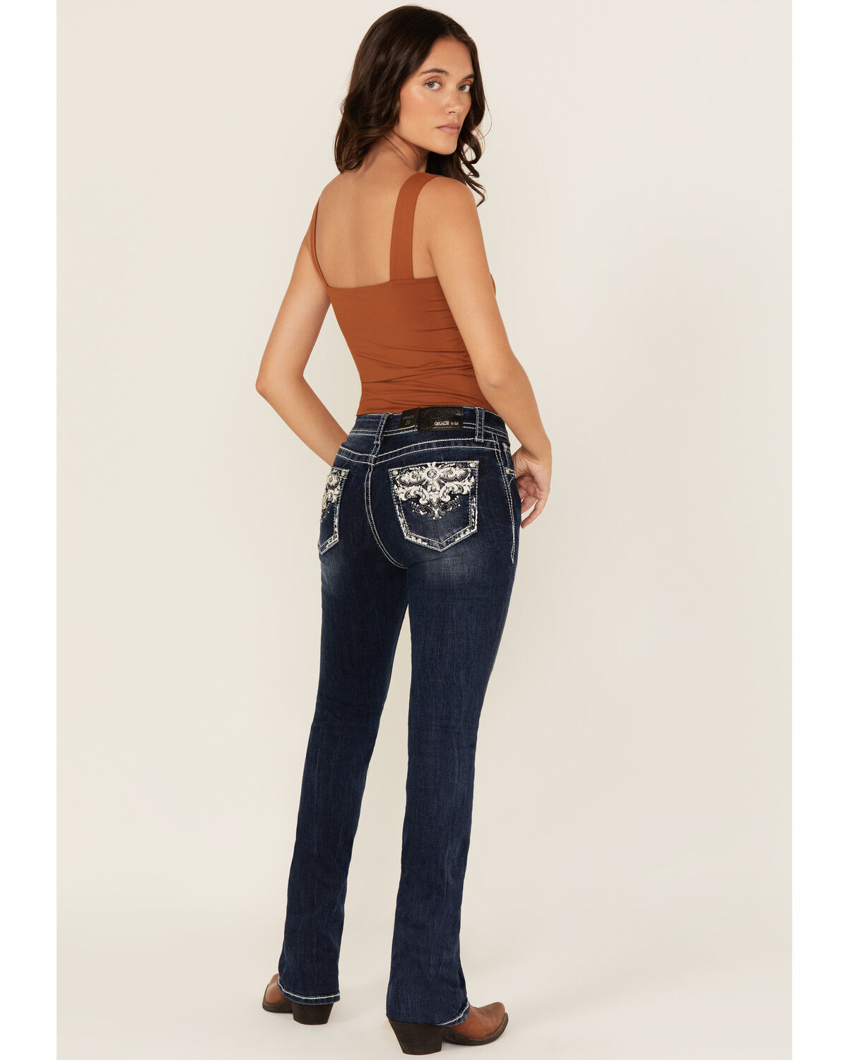 Image #1 - Grace In LA Women's Dark Wash Embellished Mid Rise Bootcut Stretch Denim Jeans, Dark Wash, hi-res