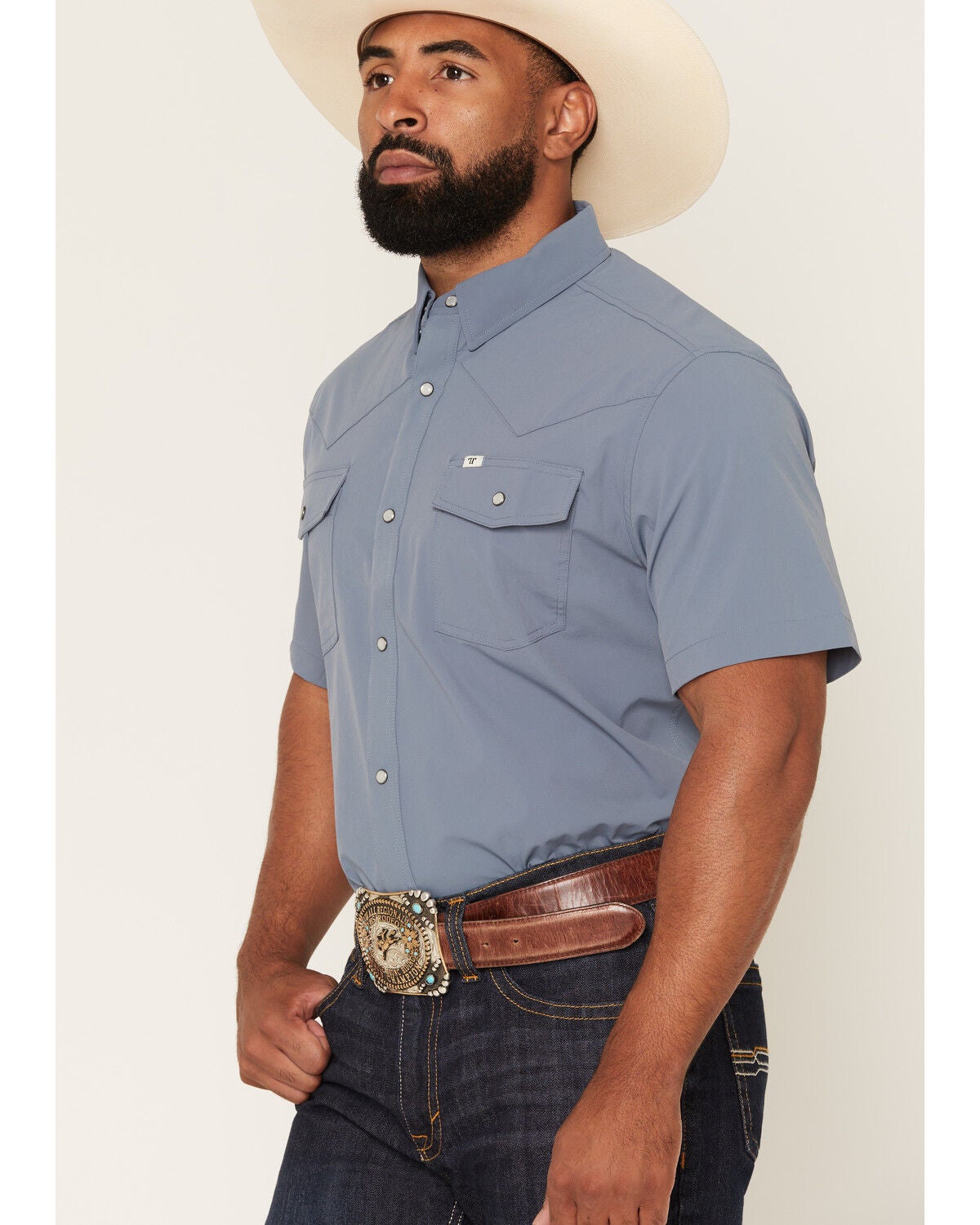 Image #3 - Ferrell Men's Tek Solid Short Sleeve Snap Performance Western Shirt, Blue, hi-res