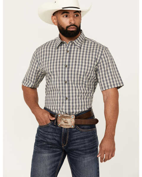 Image #1 - Cody James Men's Plaid Print Short Sleeve Button-Down Stretch Western Shirt , Navy, hi-res