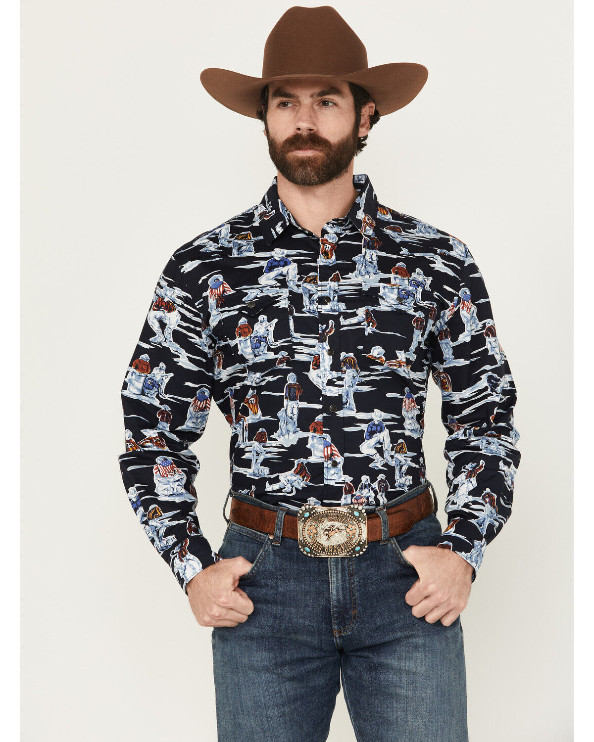 Image #1 - Panhandle Men's Vintage Patriotic Cowboy Long Sleeve Snap Western Shirt, Black, hi-res