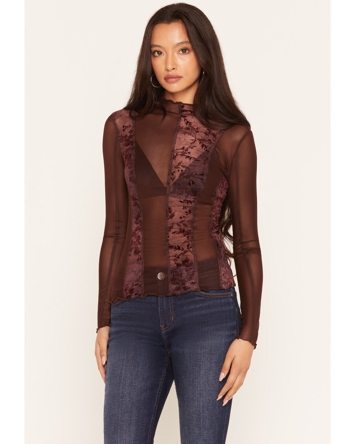 Image #1 - Miss Me Women's Floral Mesh Long Sleeve Top, Burgundy, hi-res