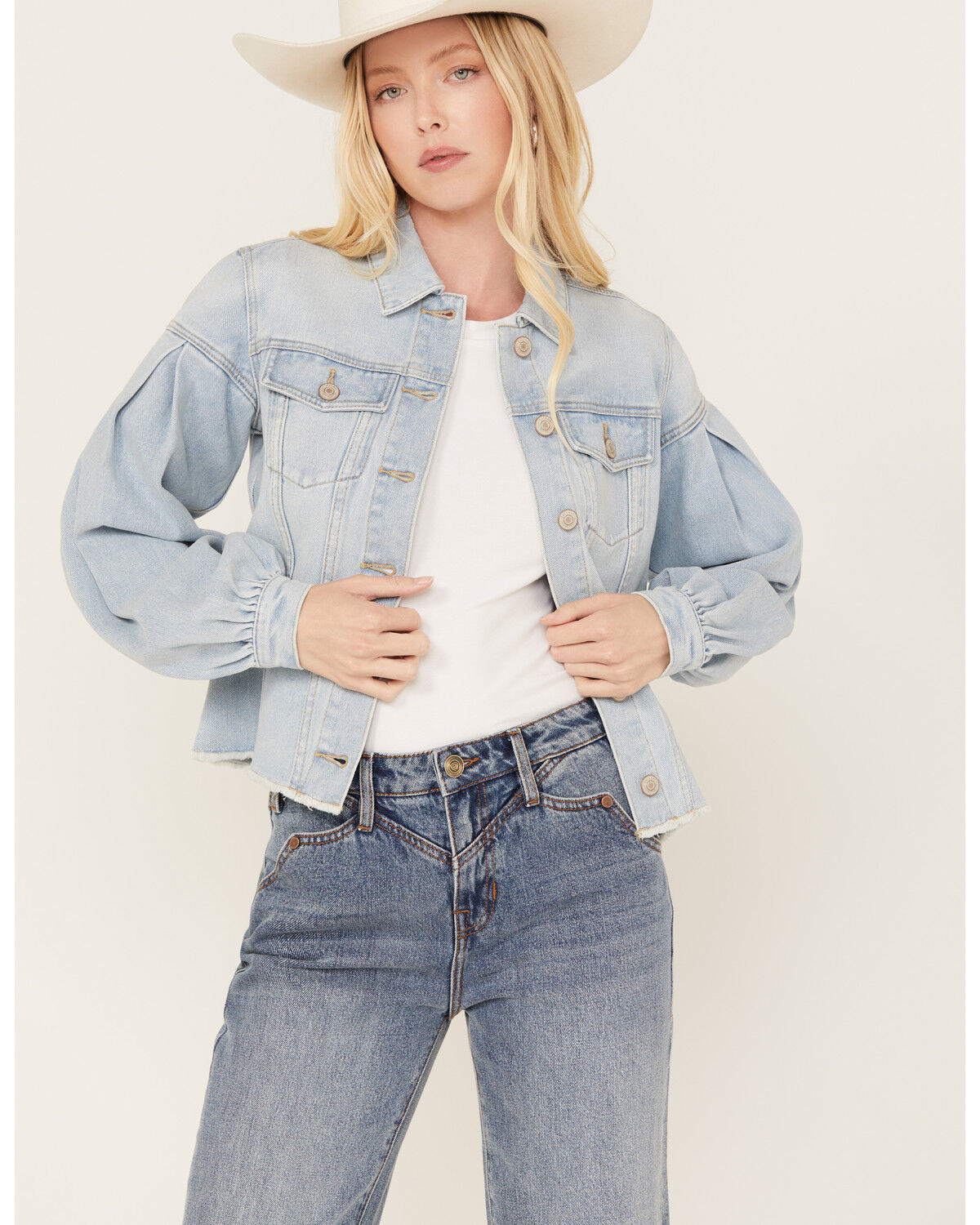 Image #2 - Shyanne Women's Denim Button-Down Fray Shacket, Light Medium Wash, hi-res