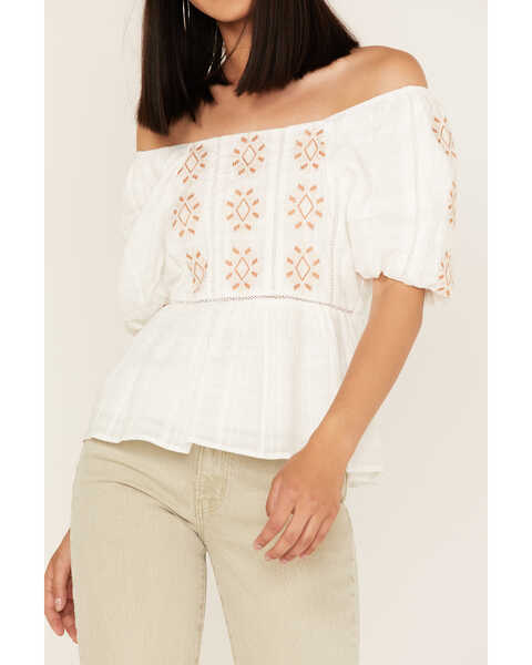 Image #3 - Miss Me Women's Embroidered Puff Sleeve Top, White, hi-res