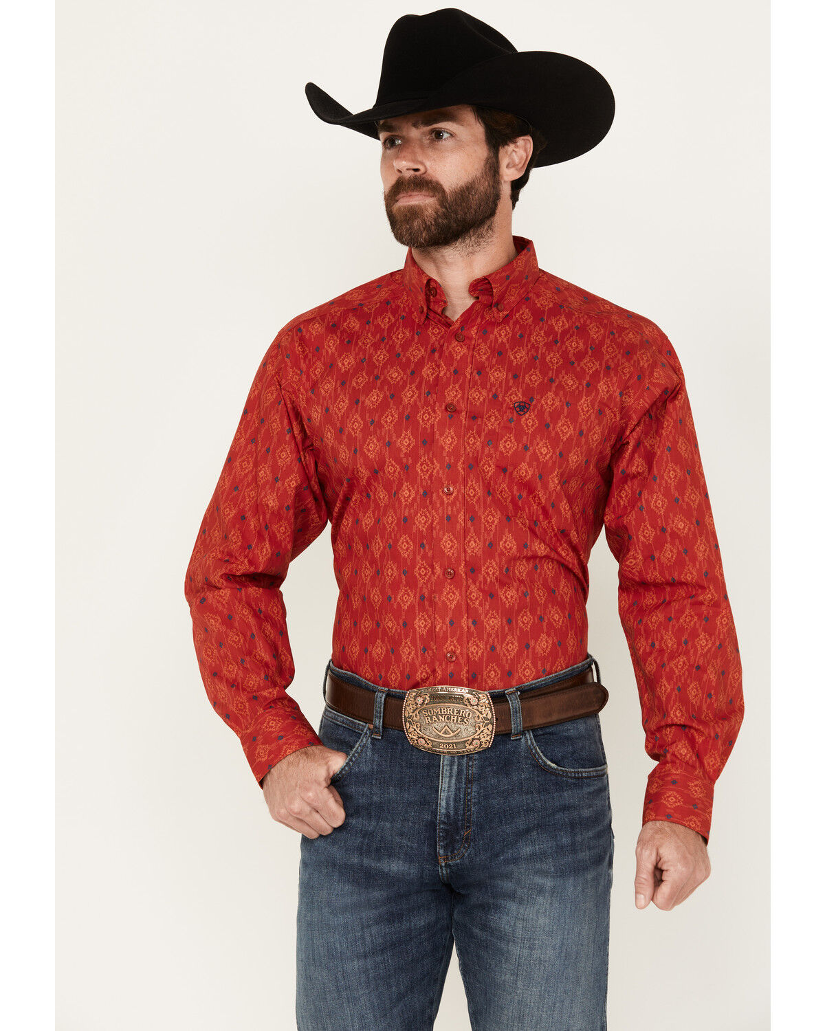 Image #1 - Ariat Men's Parsons Southwestern Print Long Sleeve Button-Down Western Shirt, Red, hi-res
