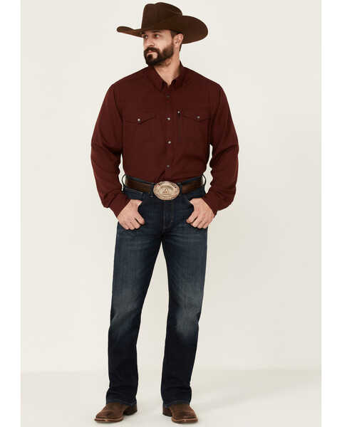 Image #2 - RANK 45® Men's Roughie Performance Long Sleeve Snap Solid Western Shirt , Burgundy, hi-res