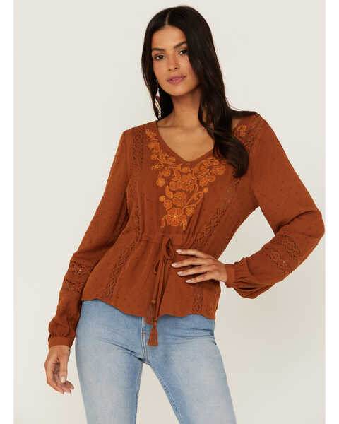 Image #2 - Idyllwind Women's Romance Floral Embroidered Swiss Dot Blouse, Caramel, hi-res