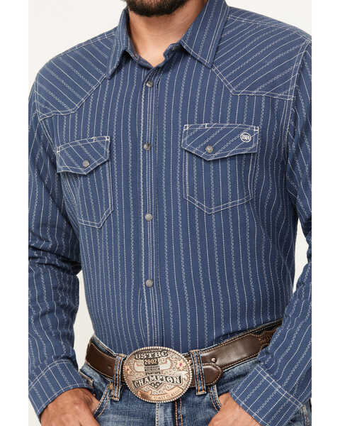 Image #3 - Blue Ranchwear Men's Vintage Striped Long Sleeve Snap Western Shirt, Navy, hi-res