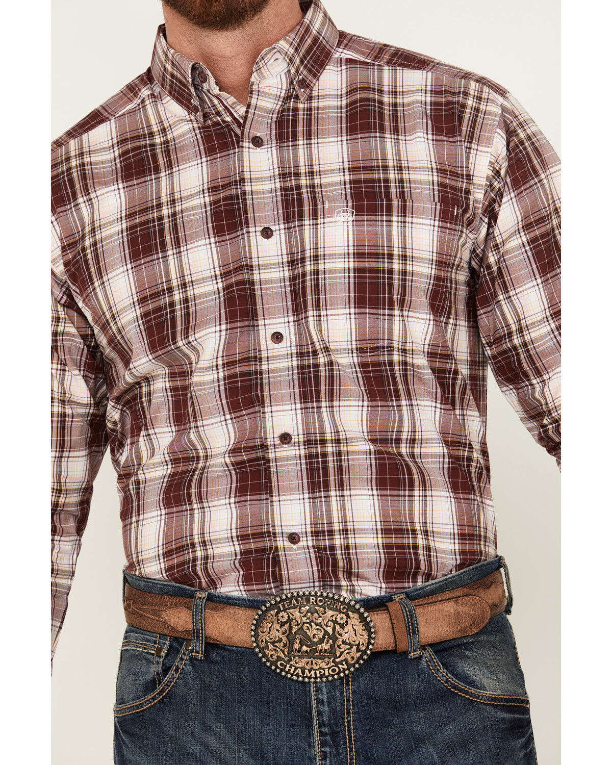 Image #3 - Ariat Men's Adrian Plaid Print Long Sleeve Button-Down Western Shirt, Maroon, hi-res