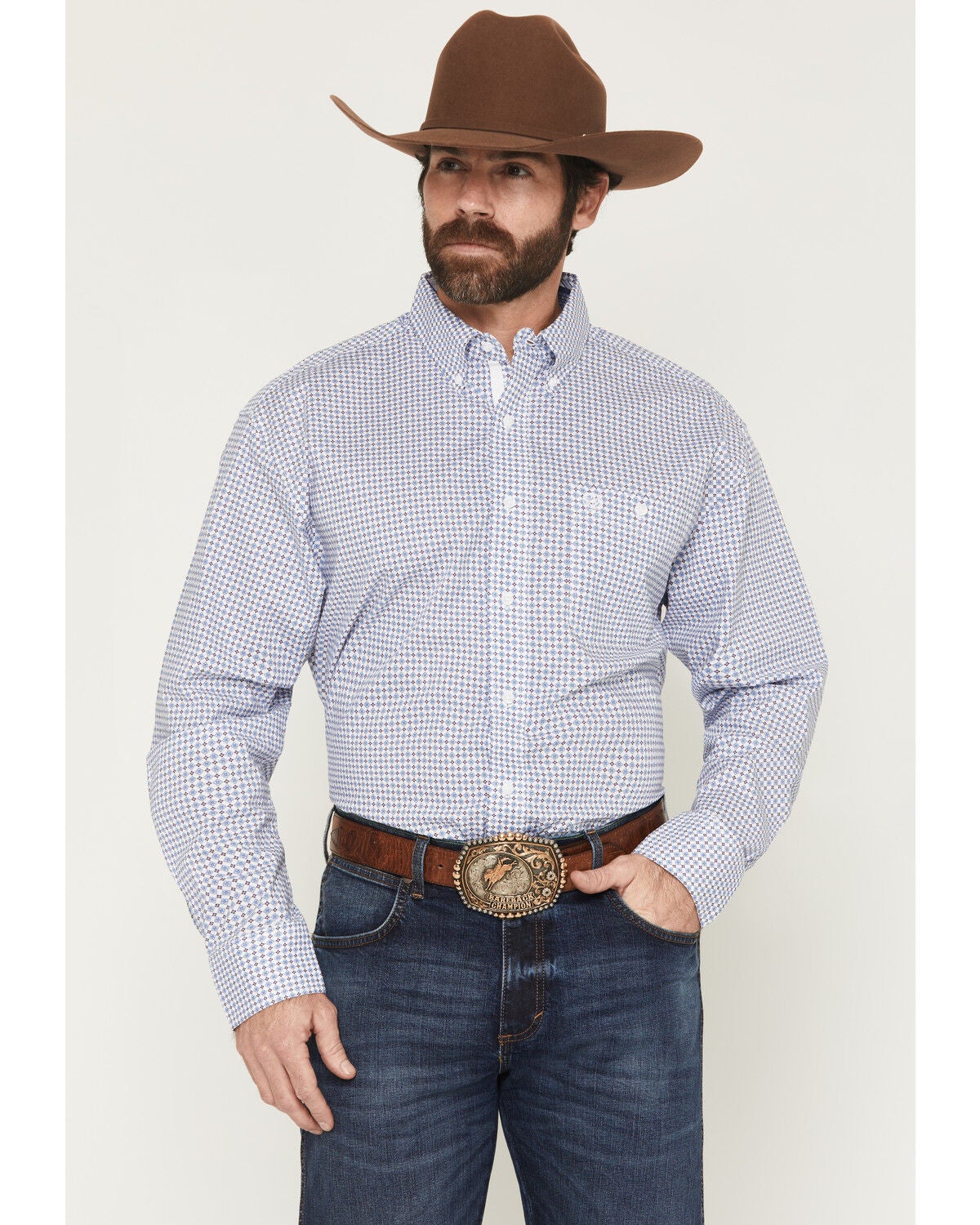 Image #1 - George Strait by Wrangler Men's Geo Print Long Sleeve Button-Down Stretch Western Shirt, Blue, hi-res