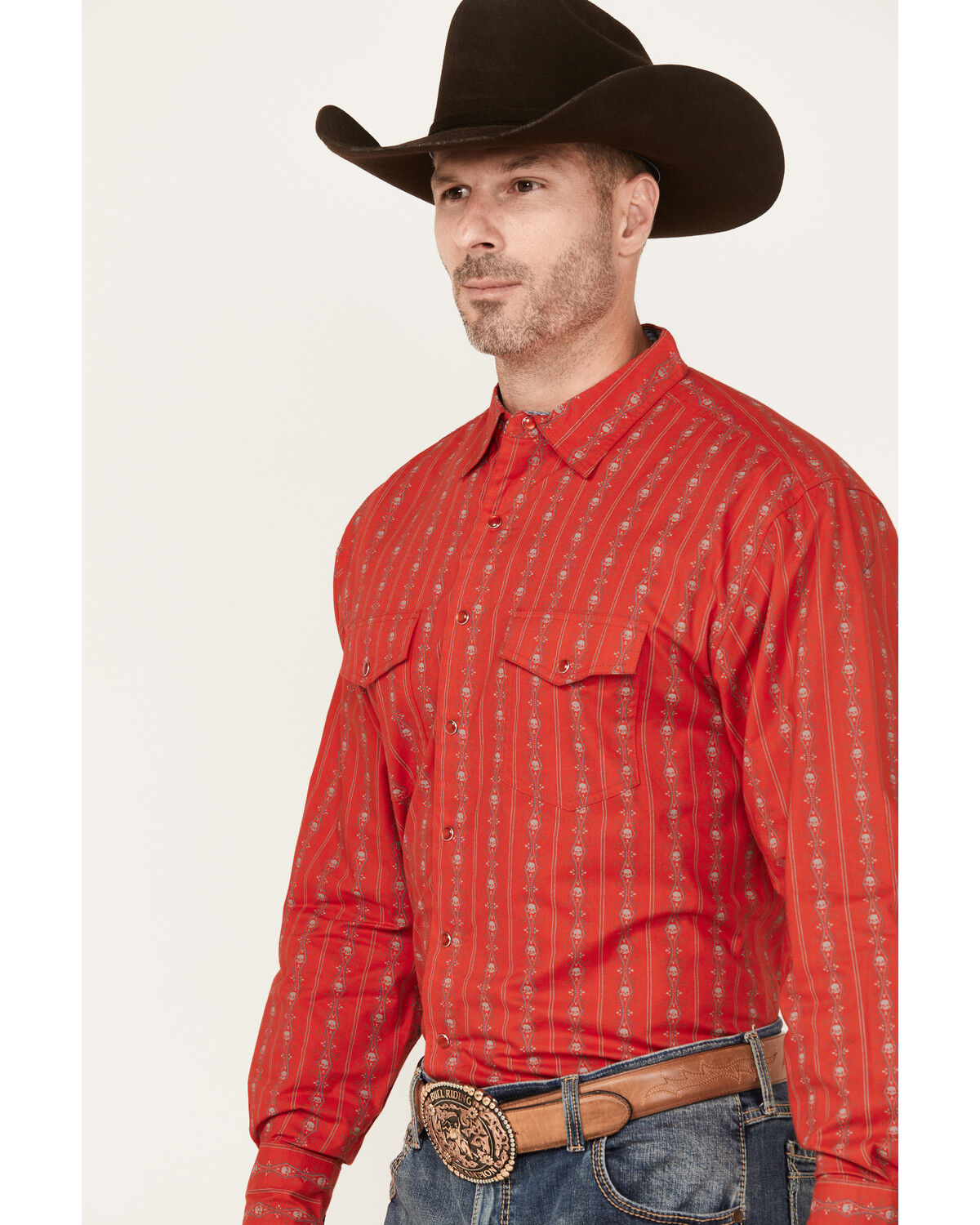 Image #2 - Scully Men's Skull Striped Long Sleeve Pearl Snap Western Shirt, Red, hi-res