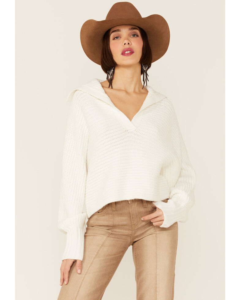 Revel Women's White Sierra Collar Knit Long Sleeve Pullover Sweatshirt, White, hi-res