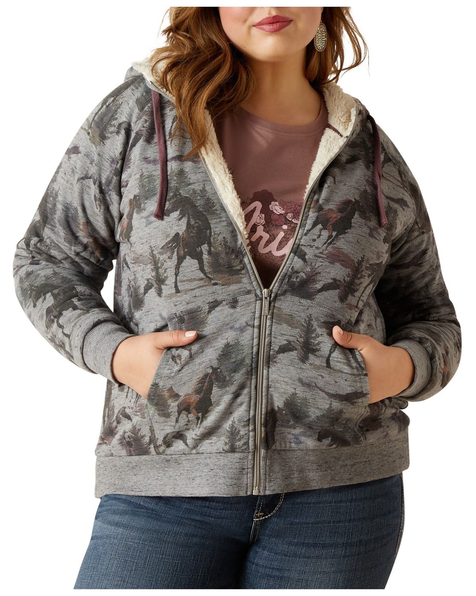 Product Name Ariat Women s R.E.A.L Horse Print Sherpa Lined Full Zip Hoodie Plus