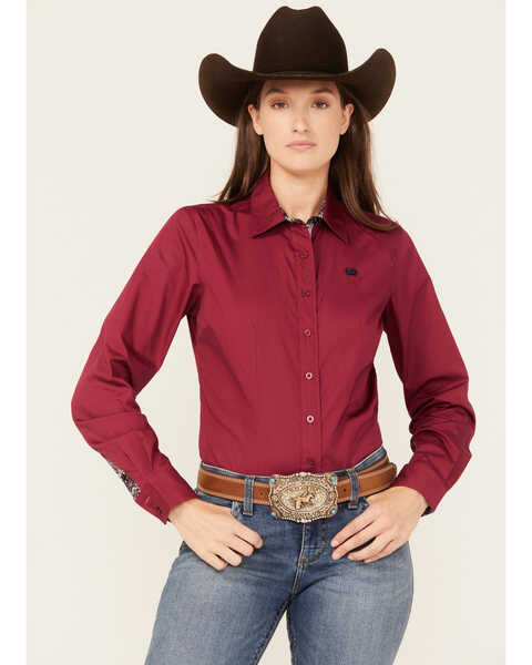Cinch Women's Solid Long Sleeve Button Down Western Shirt, Burgundy, hi-res