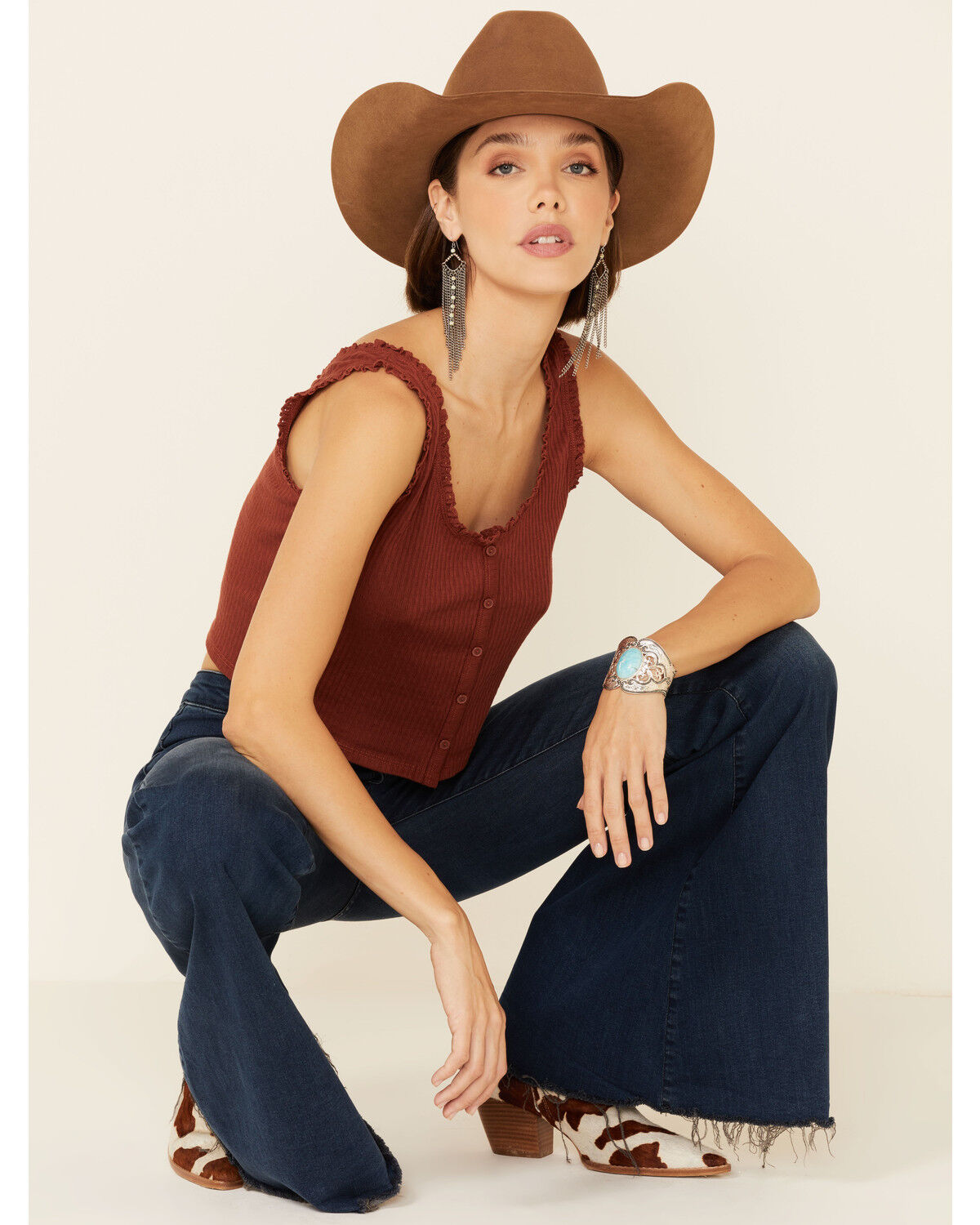Image #1 - Eyeshadow Women's Ribbed Button Down Crop Tank Top, , hi-res