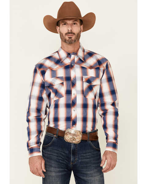Cowboy Hardware Men's Large Plaid Print Long Sleeve Pearl Snap Western Shirt , Navy, hi-res