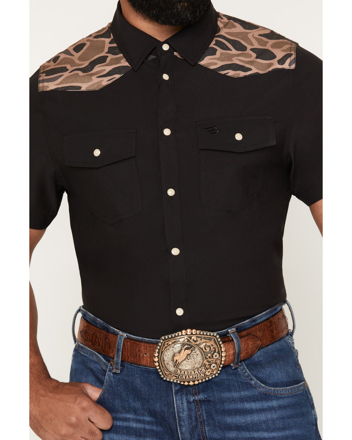 Image #3 - Burlebo Men's Camo Color Block Short Sleeve Snap Performance Western Shirt, Black, hi-res