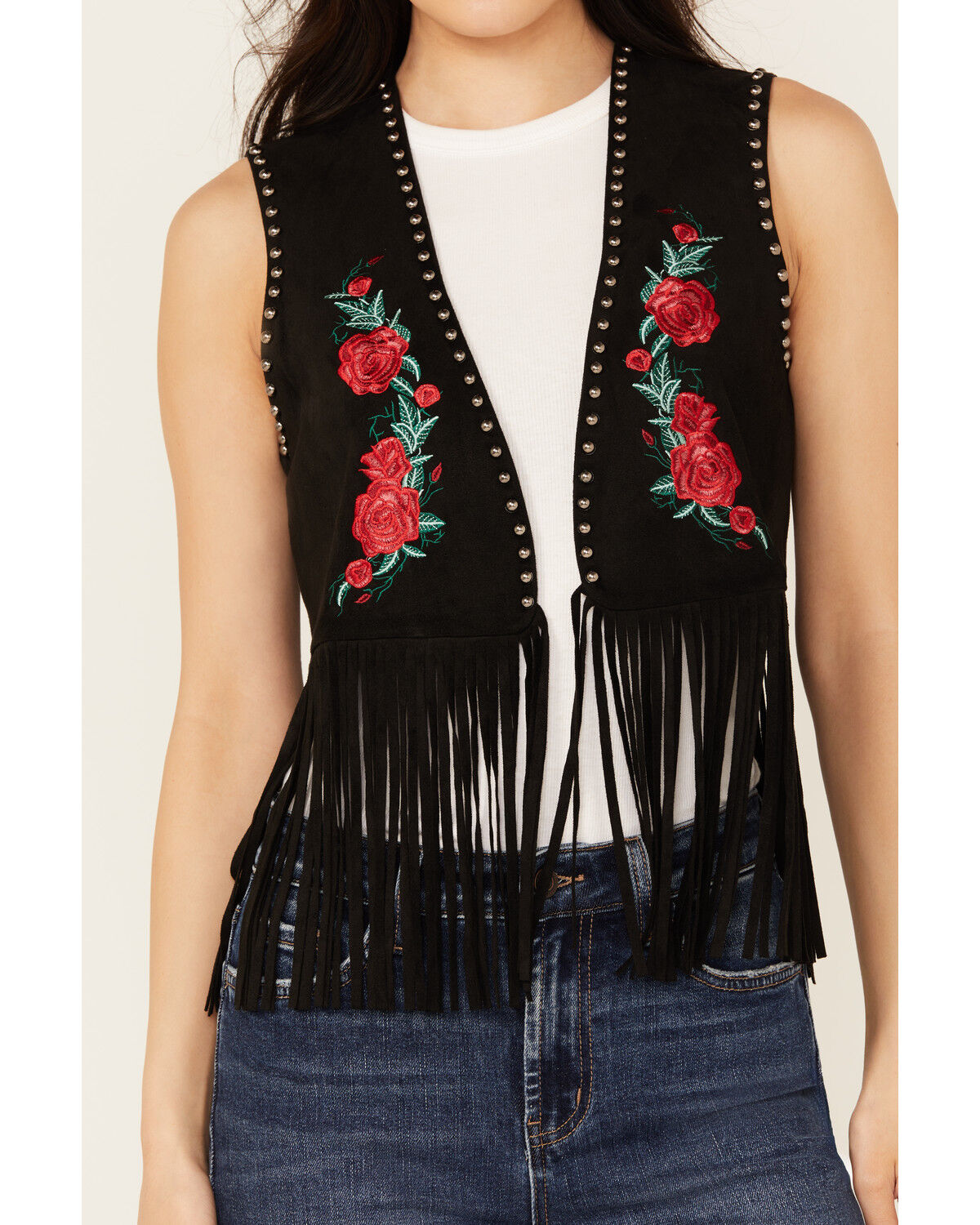 Image #3 - Vocal Women's Embroidered Rose Faux Suede Fringe Vest, Black, hi-res