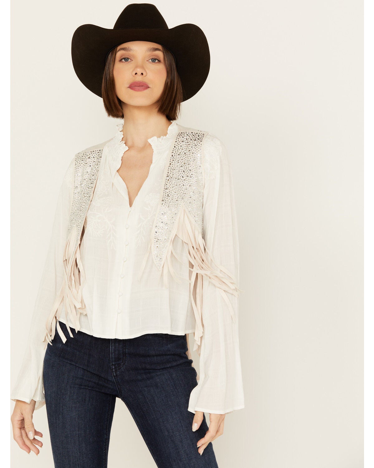 Vocal Women's Rhinestone Cropped Faux Suede Vest, Natural, hi-res