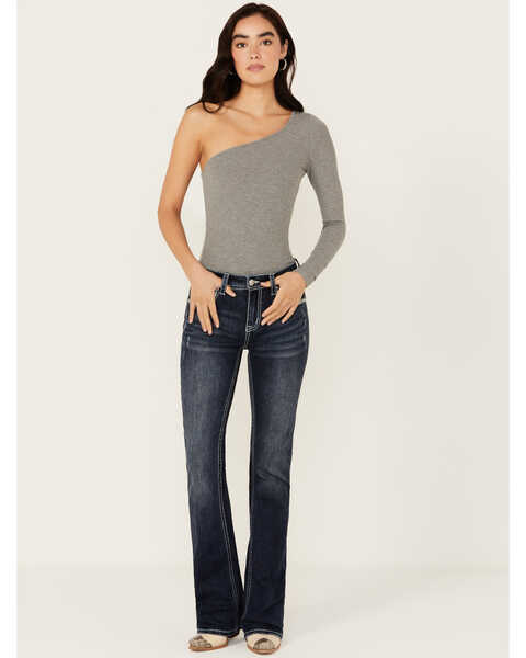 Image #3 - Grace in LA Women's Dark Wash Mid Rise Lace Cross Pocket Stretch Bootcut Jeans , Dark Wash, hi-res