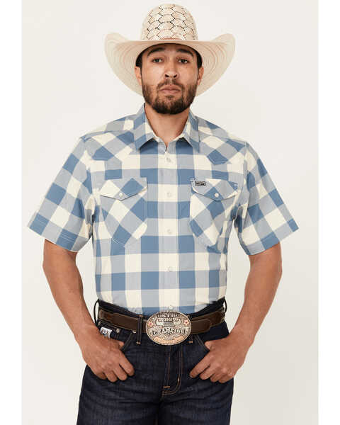 Kimes Ranch Men's Malcolm Buffalo Plaid Print Short Sleeve Pearl Snap Performance Western Shirt , Blue, hi-res
