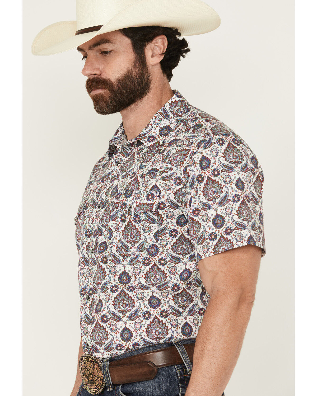 Image #2 - Gibson Trading Co Men's Grand Finale Floral Paisley Print Short Sleeve Snap Western Shirt, White, hi-res