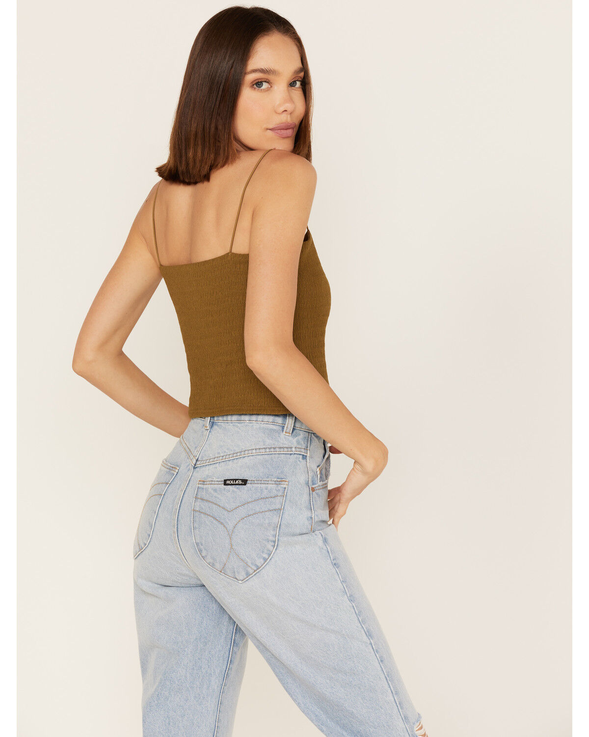 Image #4 - Cleo + Wolf Women's Smocked Button Front Tank, Green/brown, hi-res