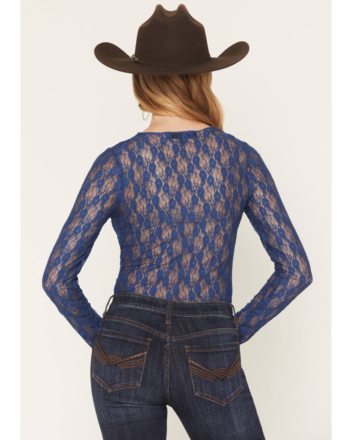 Image #4 - Ash & Violet Women's Solid Lace Long Sleeve Sheer Shirt, Blue, hi-res