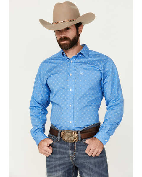 Ariat Men's Wrinkle Free Russel Geo Print Long Sleeve Button-Down Western Shirt , Blue, hi-res