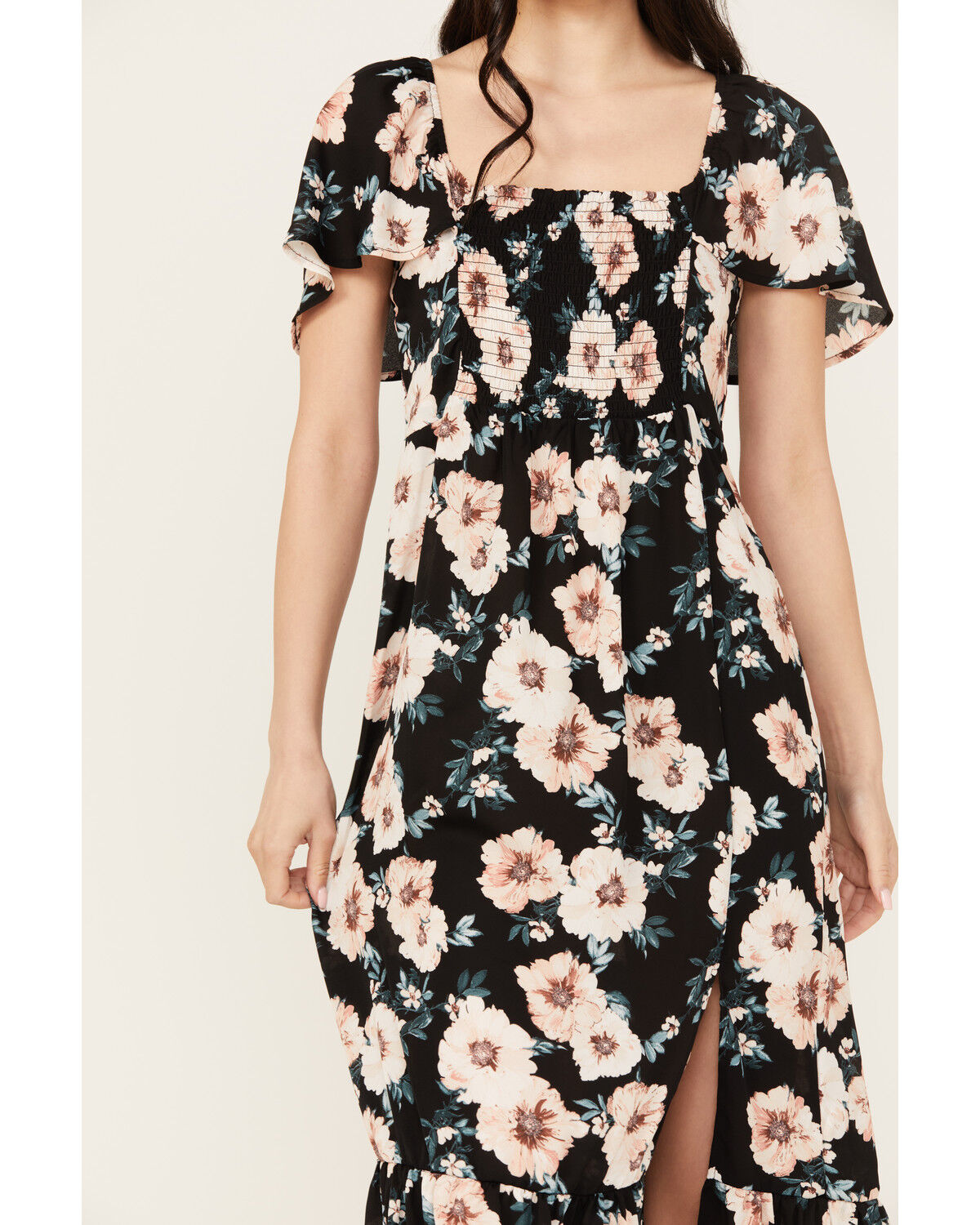 Image #4 - Wild Moss Women's Smocked Front Floral Midi Dress, Black, hi-res