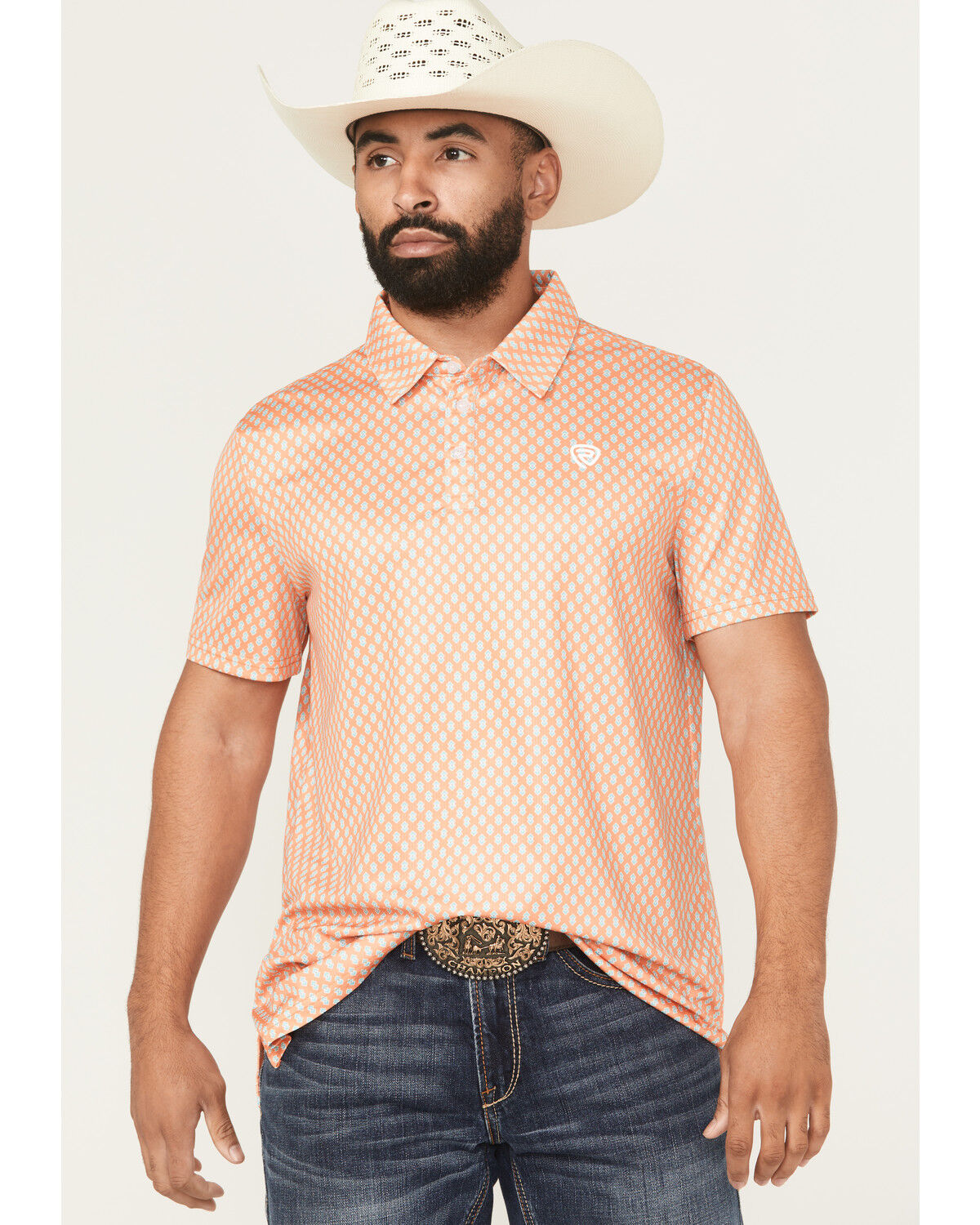 Image #1 - Rock & Roll Denim Men's Geo Print Short Sleeve Button-Down Stretch Polo Shirt, Orange, hi-res