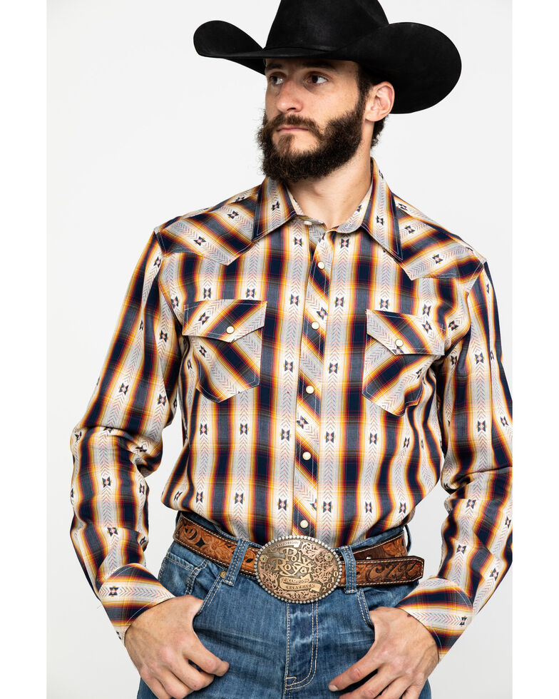 Rock & Roll Cowboy Men's Aztec Jacquard Plaid Long Sleeve Western Shirt