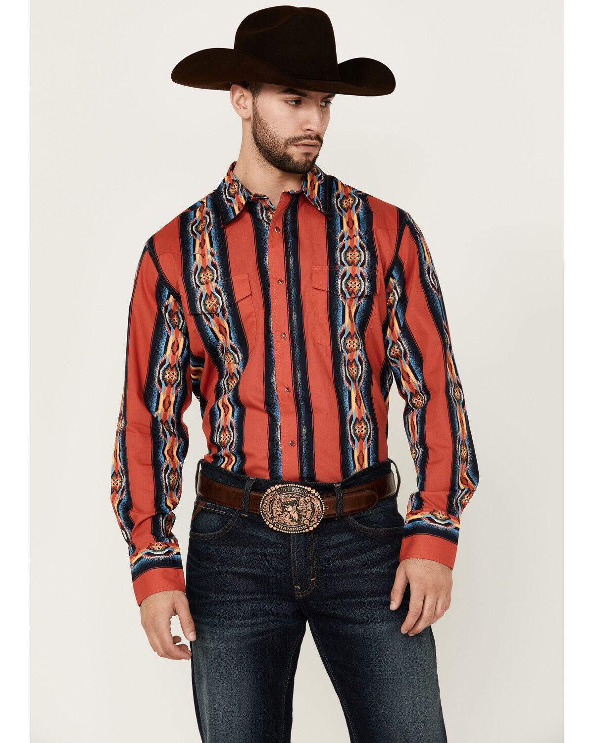 Image #1 - Wrangler Men's Checotah Southwestern Striped Print Long Sleeve Pearl Snap Western Shirt, Red, hi-res