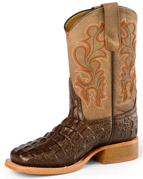 Horse Power Boys' Nile Croc Print Western Boots - Square Toe, Chocolate, hi-res