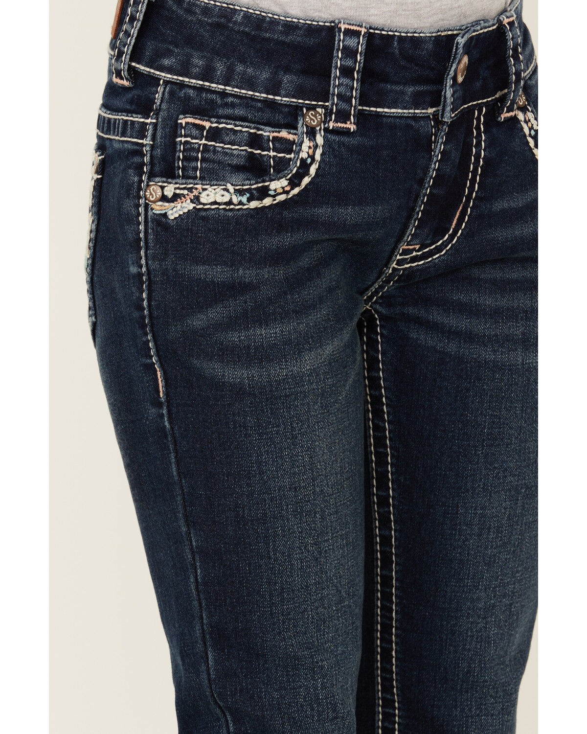 Image #2 - Shyanne Little Girls' Southwestern Floral Border Pocket Stretch Bootcut Denim Jeans, Blue, hi-res