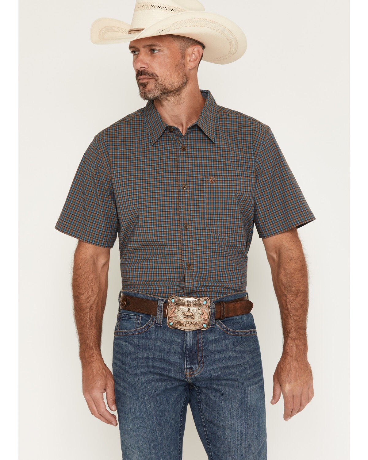 Cody James Men's Buster Plaid Print Short Sleeve Button-Down Stretch Western Shirt, Blue, hi-res