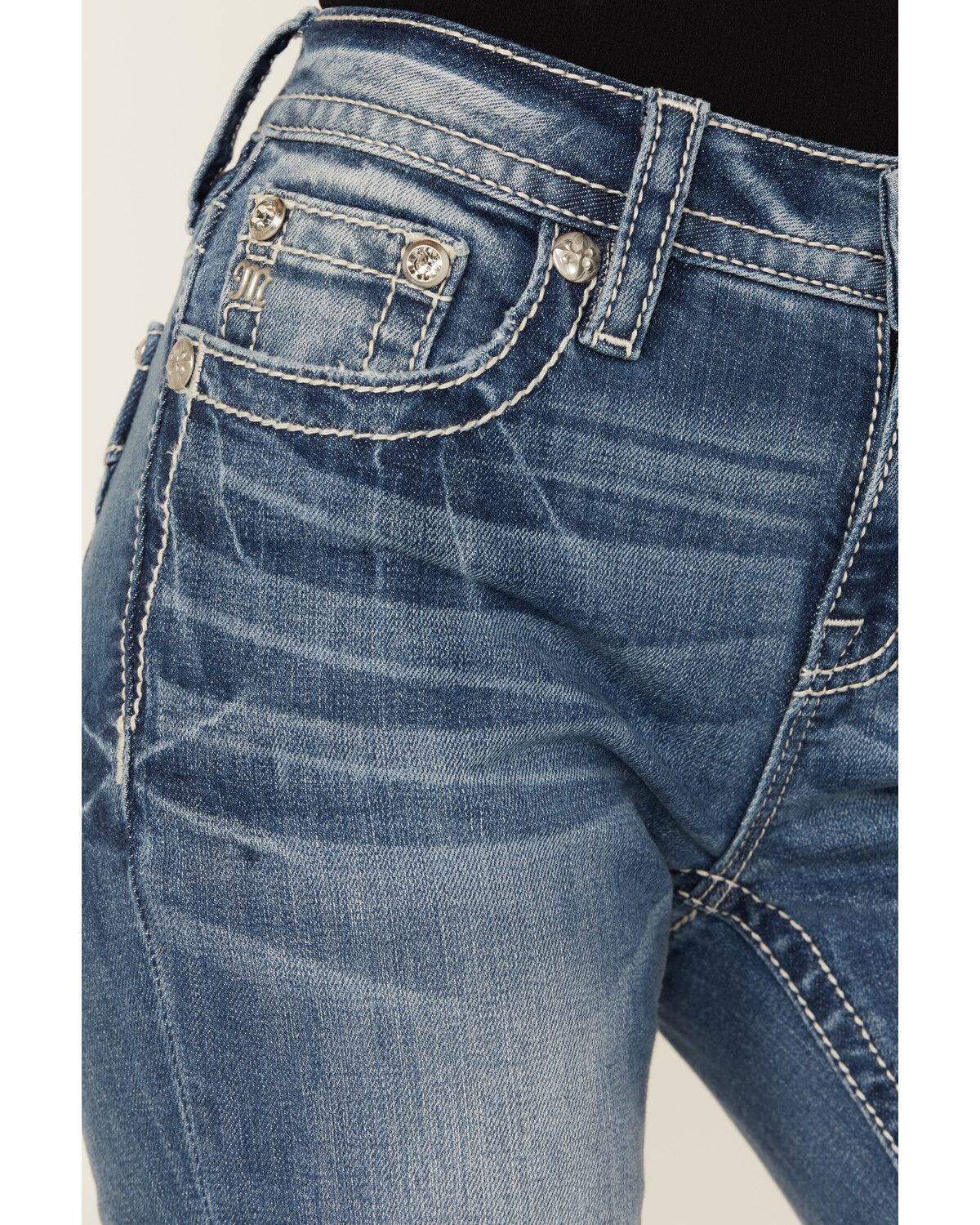 Image #4 - Miss Me Women's Medium Wash Mid Rise Floral Pocket Bootcut Stretch Denim Jeans, , hi-res