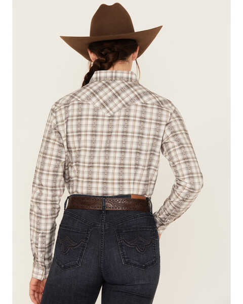 Image #4 - Rough Stock by Panhandle Women's Long Sleeve Dobby Plaid Print Snap Western Shirt, Beige/khaki, hi-res