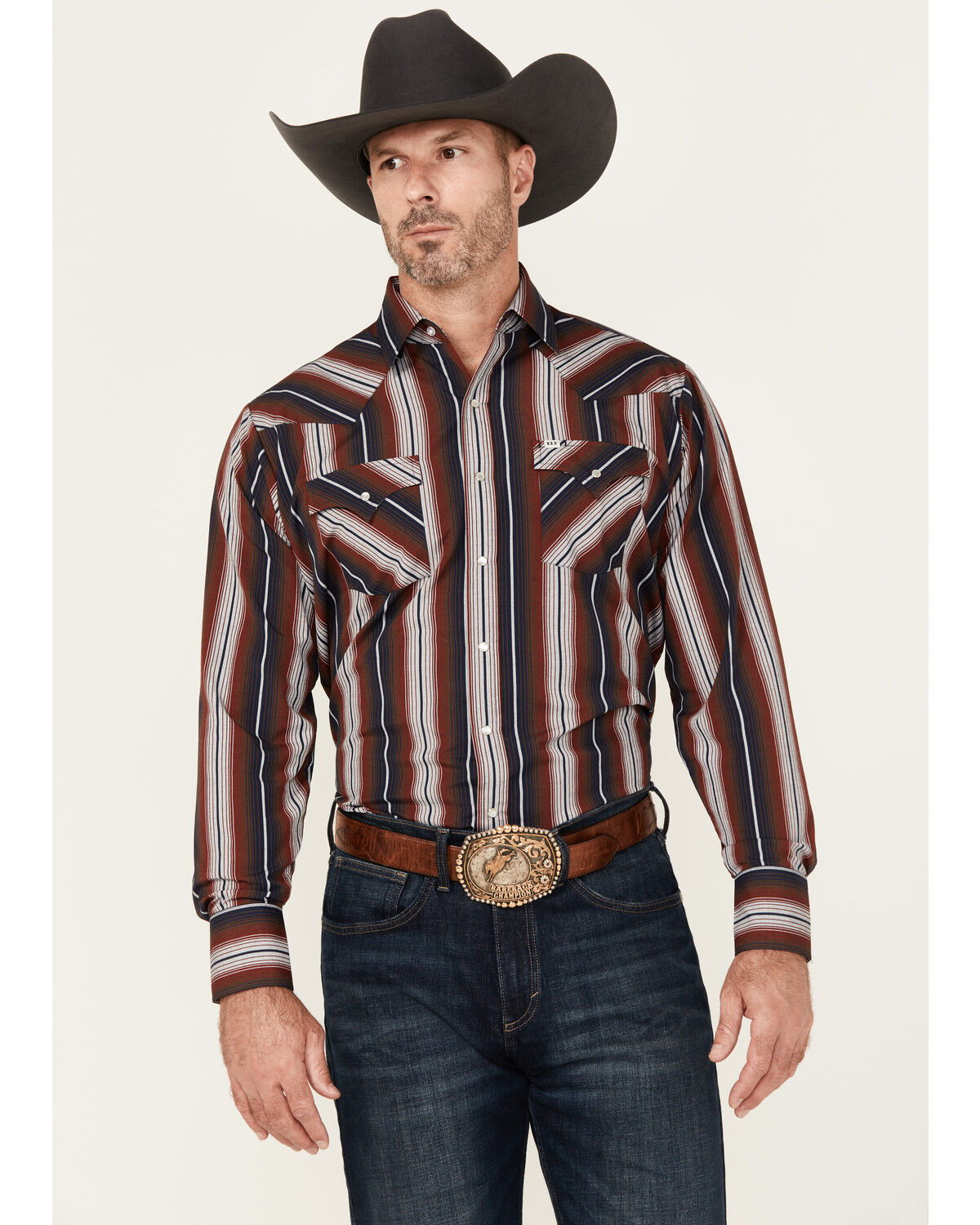 Image #1 - Ely Walker Men's Striped Long Sleeve Pearl Snap Western Shirt, Burgundy, hi-res