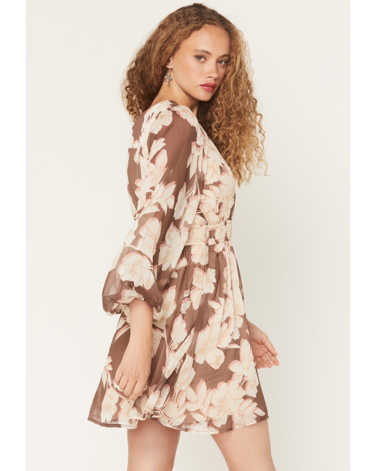 Image #4 - Shyanne Women's Floral Long Sleeve Crinkle Mini Dress, Brown, hi-res