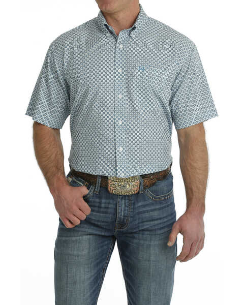 Cinch Men's ARENAFLEX Geo Print Short Sleeve Button-Down Western Shirt - Big , White, hi-res
