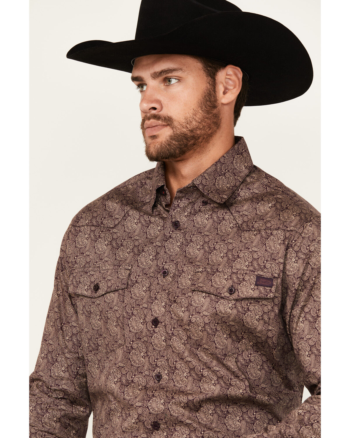 Image #2 - Justin Men's Boot Barn Exclusive Paisley Print Long Sleeve Button-Down Stretch Western Shirt, Purple, hi-res